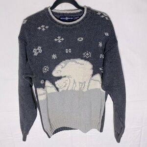 Vintage Cape Isle Knitters Grey White Polar Bear Knit Crew Neck Sweater S